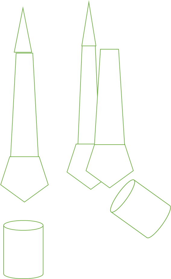 El proposito de esta imagen es representar mediante figuras geometricas la tecnica de SLOB, los cilindros representan la cabeza del tubo de RX, las otras figuras agrupadas representan la primera bicuspide superior.